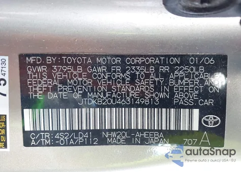 2006 Toyota Prius из США, поврежденный, VIN JTDKB20U463149813